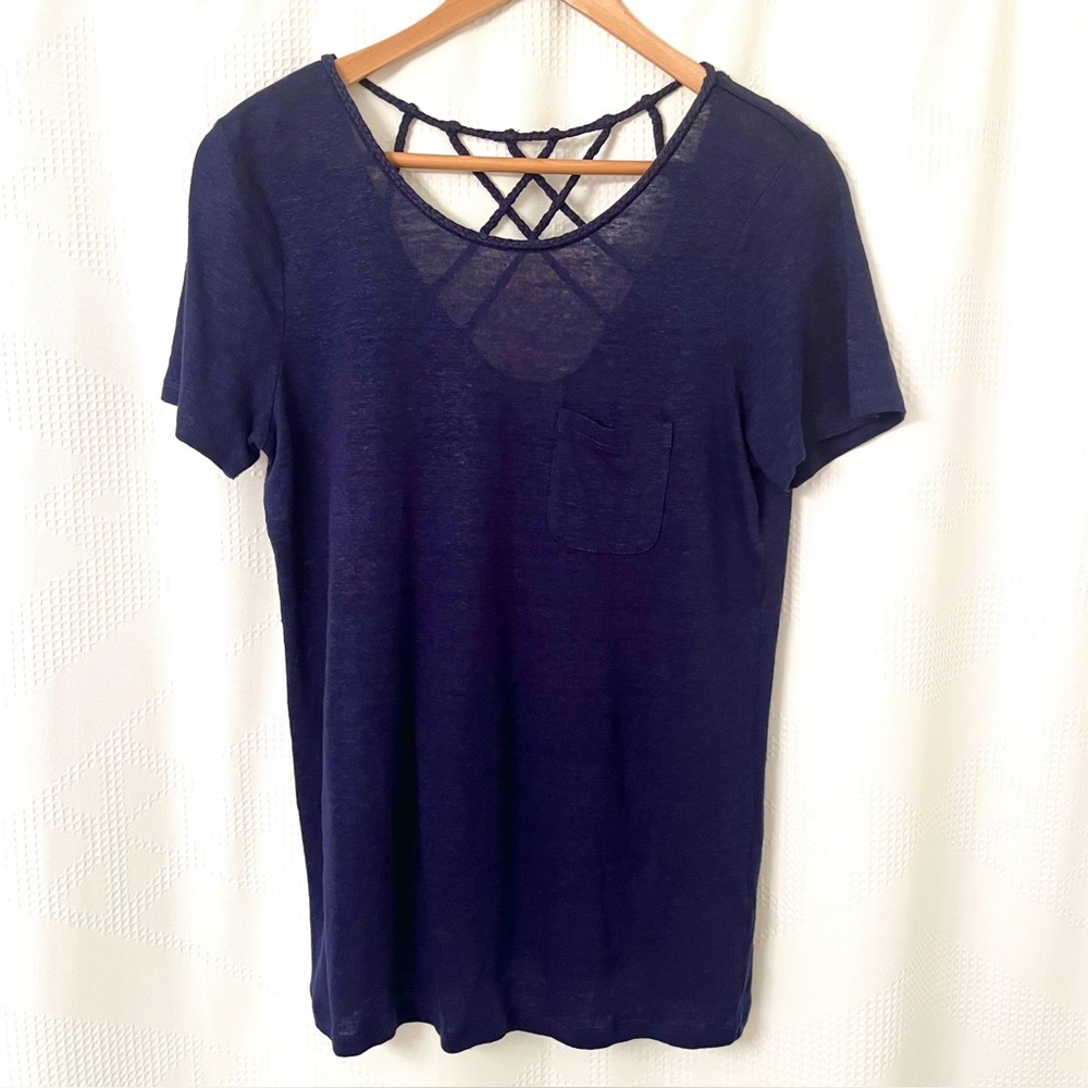 Boden Navy Slub Linen Criss-Cross Back Tee 8